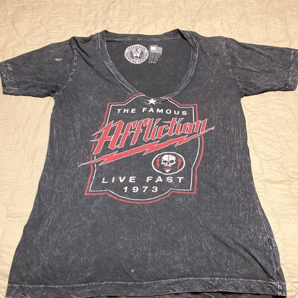 Affliction Charcoal Tee with Red and White Graphic